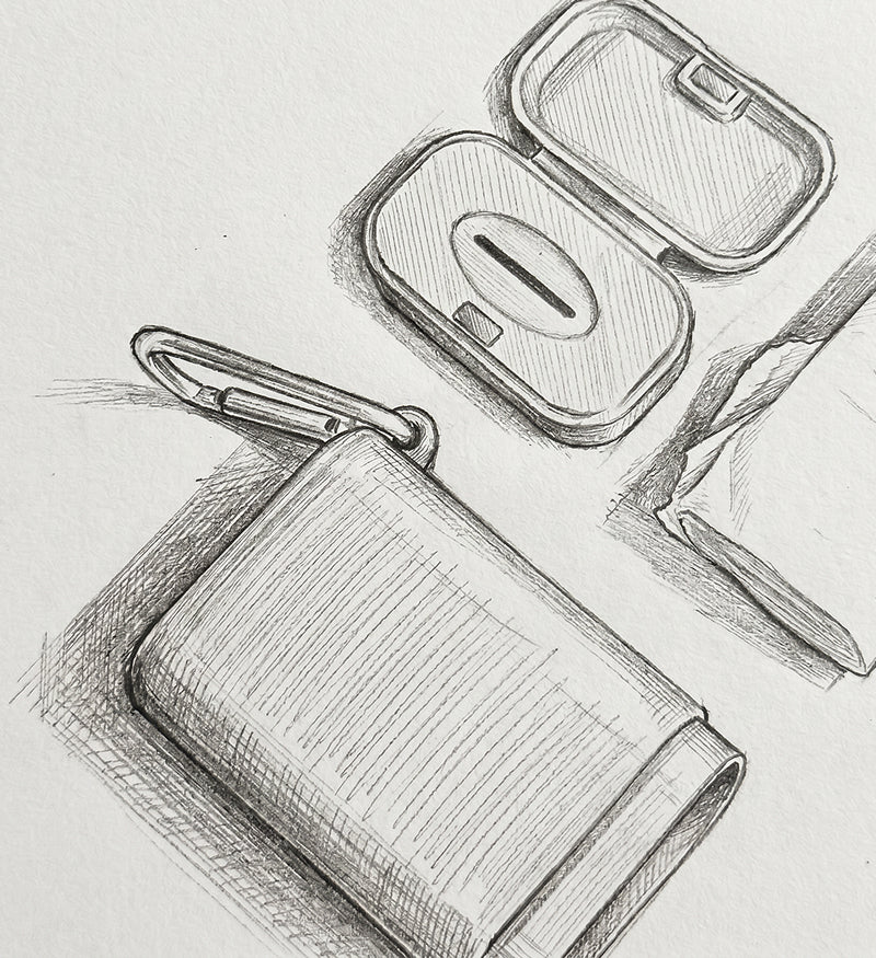 Pencil sketch of an early CLAIR case concept: a clip-on case and an open lid showing the wipe slot