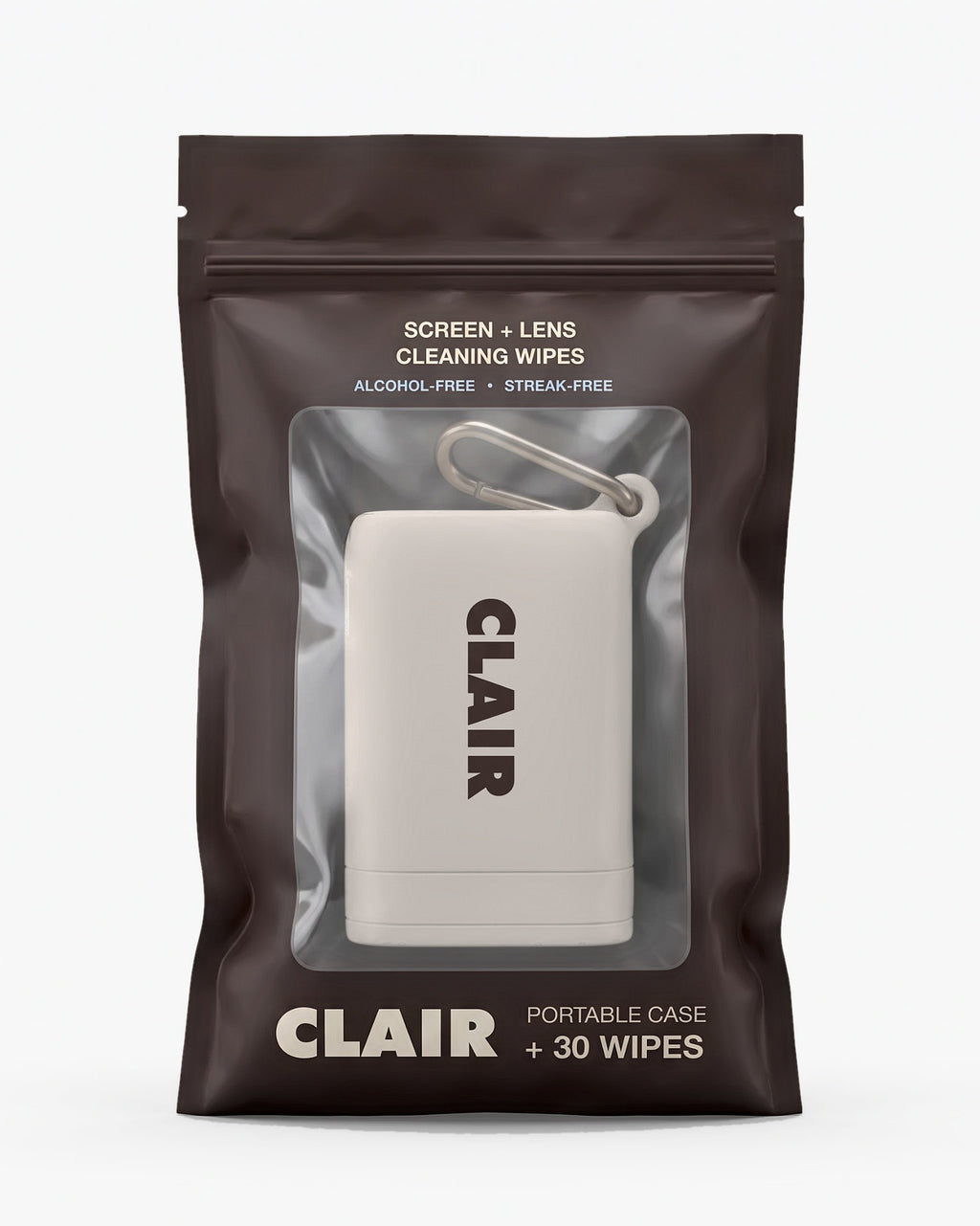 CLAIR case in Cloud inside its brown resealable pouch, labeled portable case + 30 screen and lens wipes