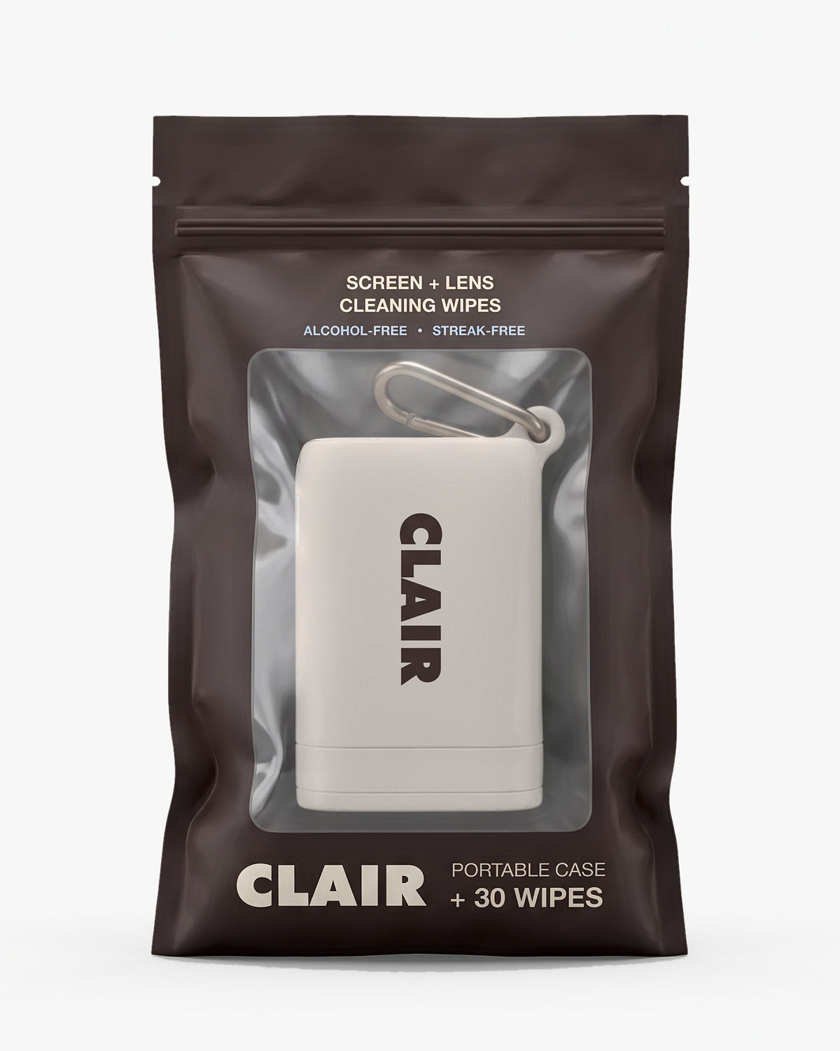 CLAIR case in Cloud inside its brown resealable pouch, labeled portable case + 30 screen and lens wipes
