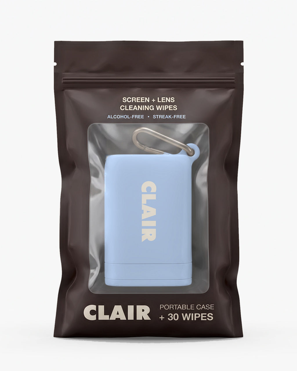 CLAIR case in Sky inside its brown resealable pouch, labeled portable case + 30 screen and lens wipes