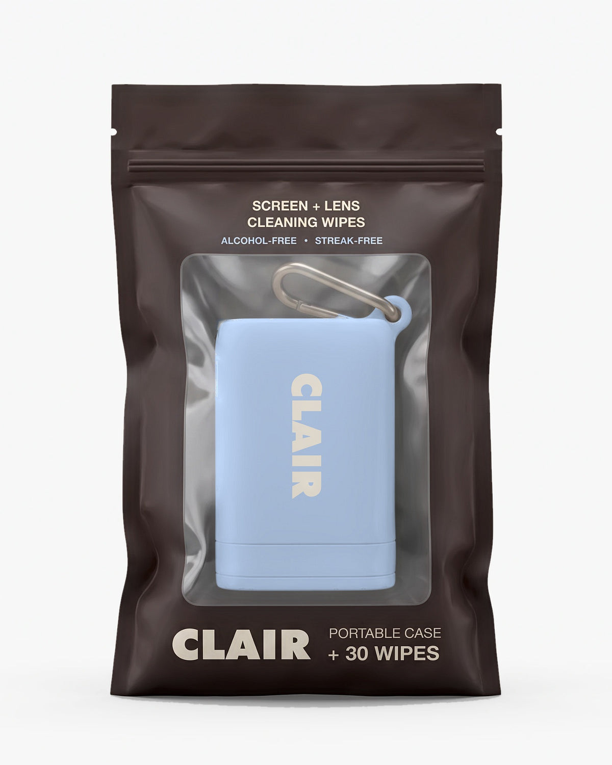 CLAIR case in Sky inside its brown resealable pouch, labeled portable case + 30 screen and lens wipes