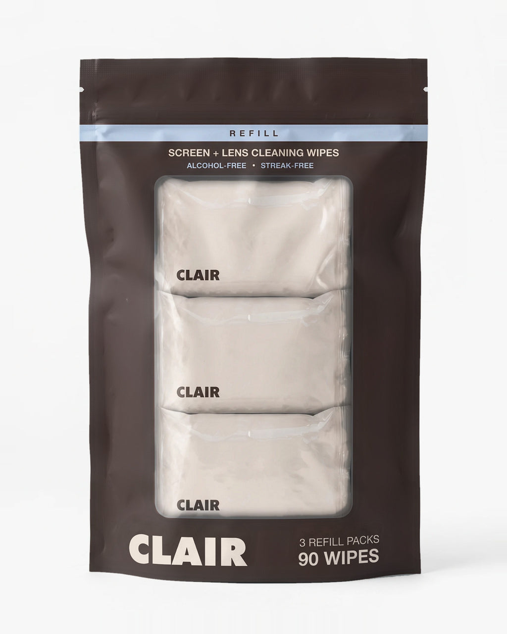 CLAIR refill: brown resealable pouch with a pale-blue REFILL band holding three sealed wipe packs, 90 wipes