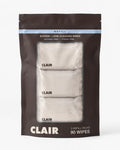 CLAIR refill: brown resealable pouch with a pale-blue REFILL band holding three sealed wipe packs, 90 wipes