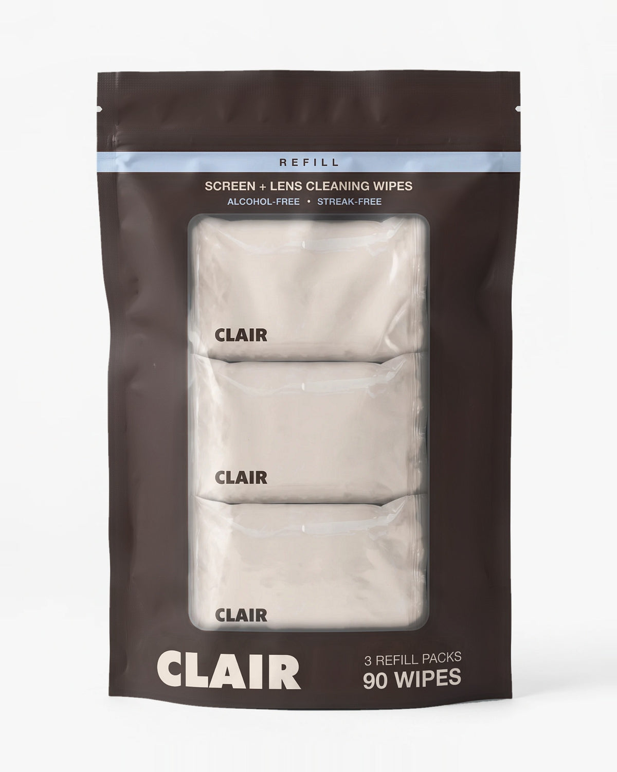 CLAIR refill: brown resealable pouch with a pale-blue REFILL band holding three sealed wipe packs, 90 wipes