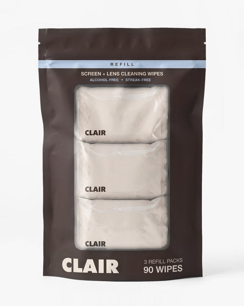 CLAIR refill: brown resealable pouch with a pale-blue REFILL band holding three sealed wipe packs, 90 wipes