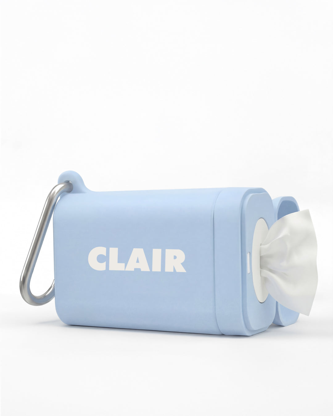 Sky blue wipe case holder with 'CLAIR' branding on a white background